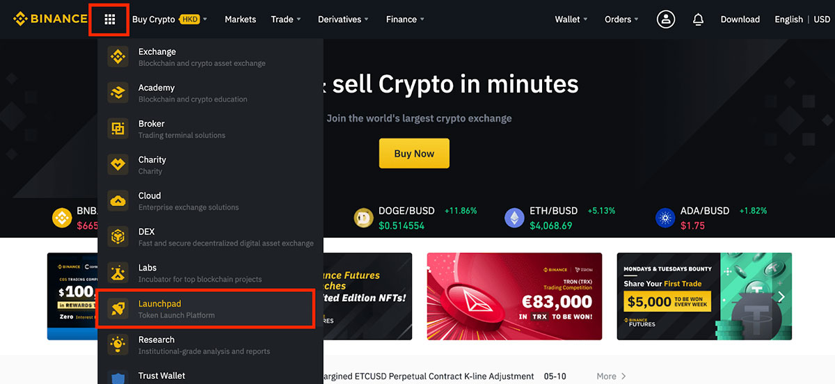 Select Launchpad option on the Earn section in Binance website