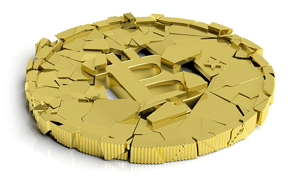 Broken bitcoin on white background 3d illustration
