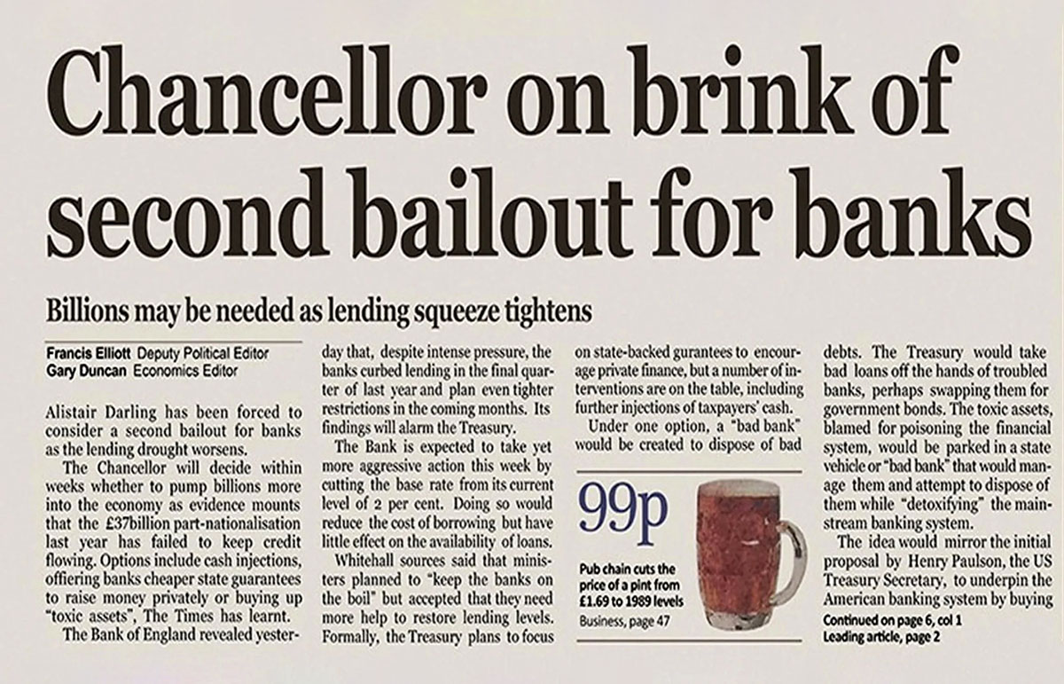 The Times 03/Jan/2009 Chancellor on brink of second bailout for banks