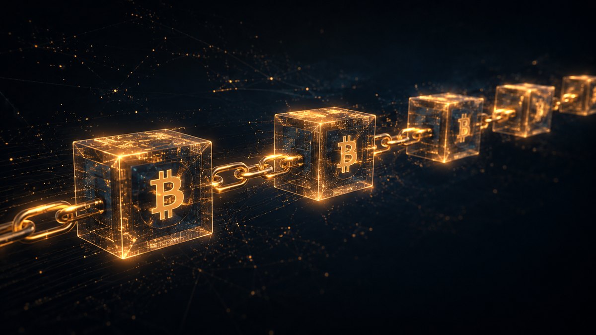 Linked glowing blocks representing the Bitcoin blockchain