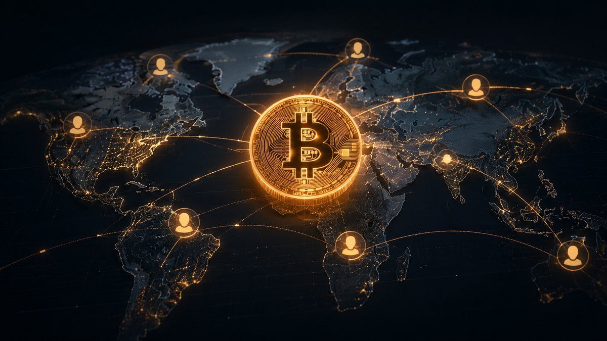 Bitcoin symbol over a world map connected by a global digital network