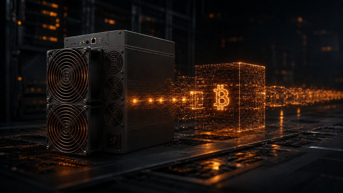 Bitcoin mining hardware beside a glowing digital block
